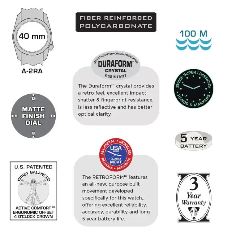 Watch, A-2RA RETROFORM, Black Dial, OD Nylon Band - Image 9